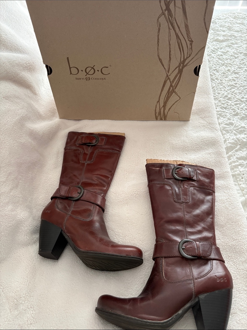 b.o.c. Women's Dark Brown Leather Mid-Calf Buckle Heeled Boots